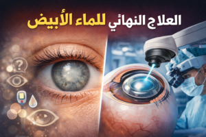 "العلاج النهائي للماء الأبيض – صورة رقمية توضح عين مصابة بالماء الأبيض على اليسار وجراحة حديثة بالليزر لإزالة الساد على اليمين"