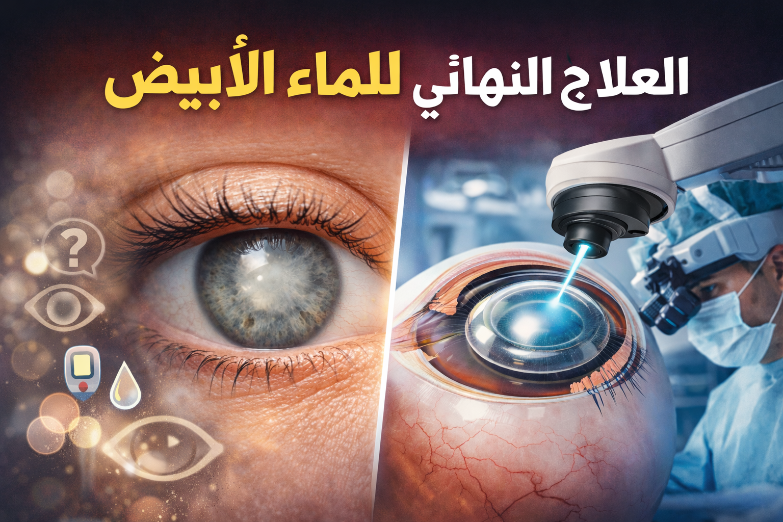 "العلاج النهائي للماء الأبيض – صورة رقمية توضح عين مصابة بالماء الأبيض على اليسار وجراحة حديثة بالليزر لإزالة الساد على اليمين"